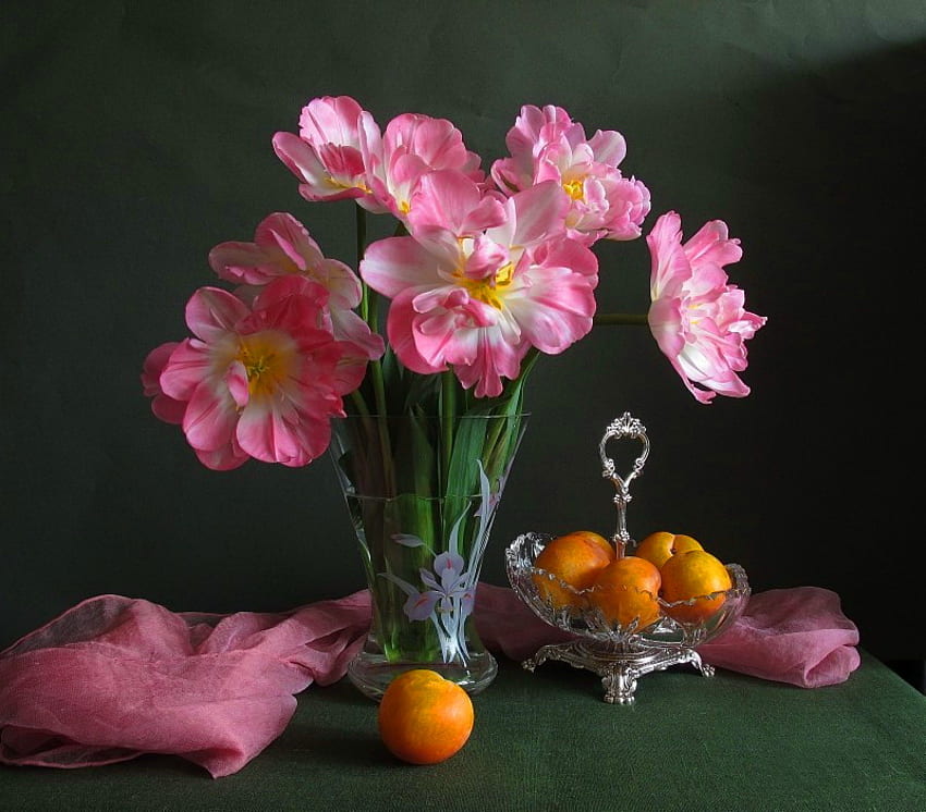 Still life, apricots, bouquet, vase, beautiful, fruits, nice, pink, delicate, pretty, peaches, flowers, lovely HD wallpaper