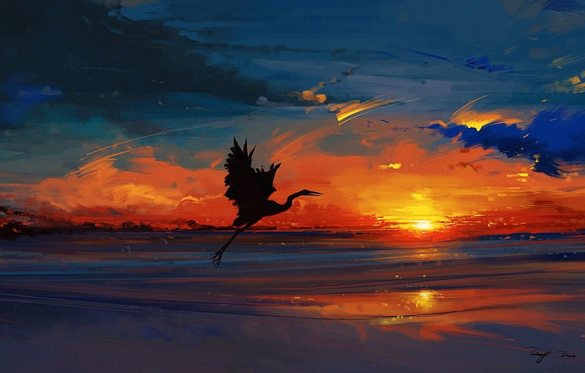 cielo, mar, paisaje, naturaleza, pájaro, puesta de sol, agua, arte, nubes, tarde, sol, artista, arte digital, obra de arte, silueta, arte de pintura para, sección арт, Blue Sunset Art fondo de pantalla
