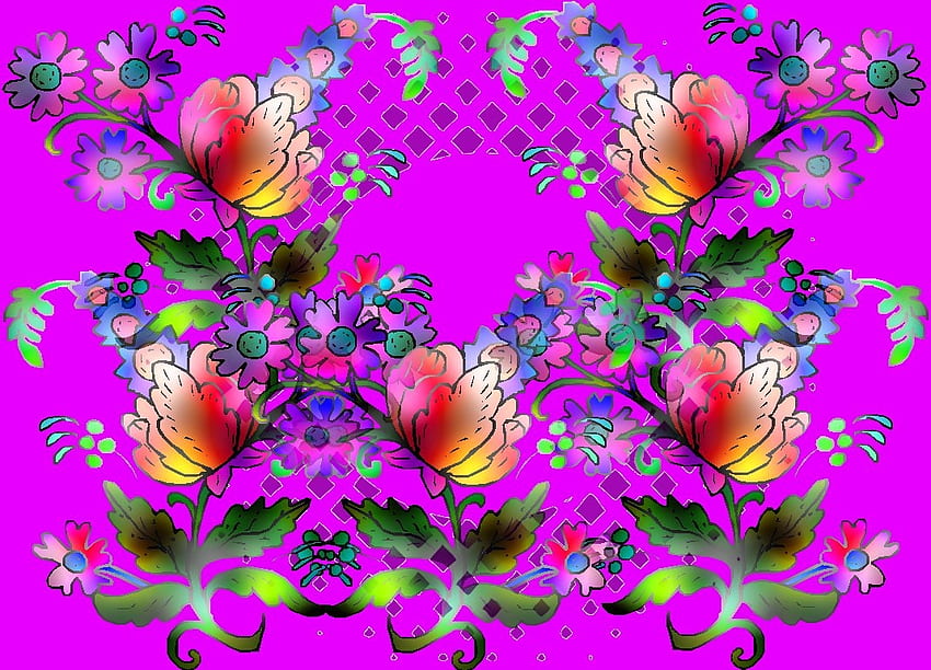 Flowers On A Grid, Green, Yellow, Orange, Pink, Flowers HD wallpaper