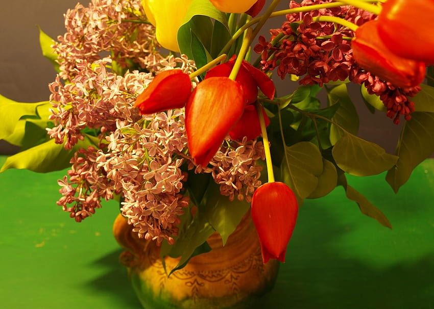 Blumen, Flieder, Tulpen, Blumenstrauß, Vase, Frühling HD-Hintergrundbild