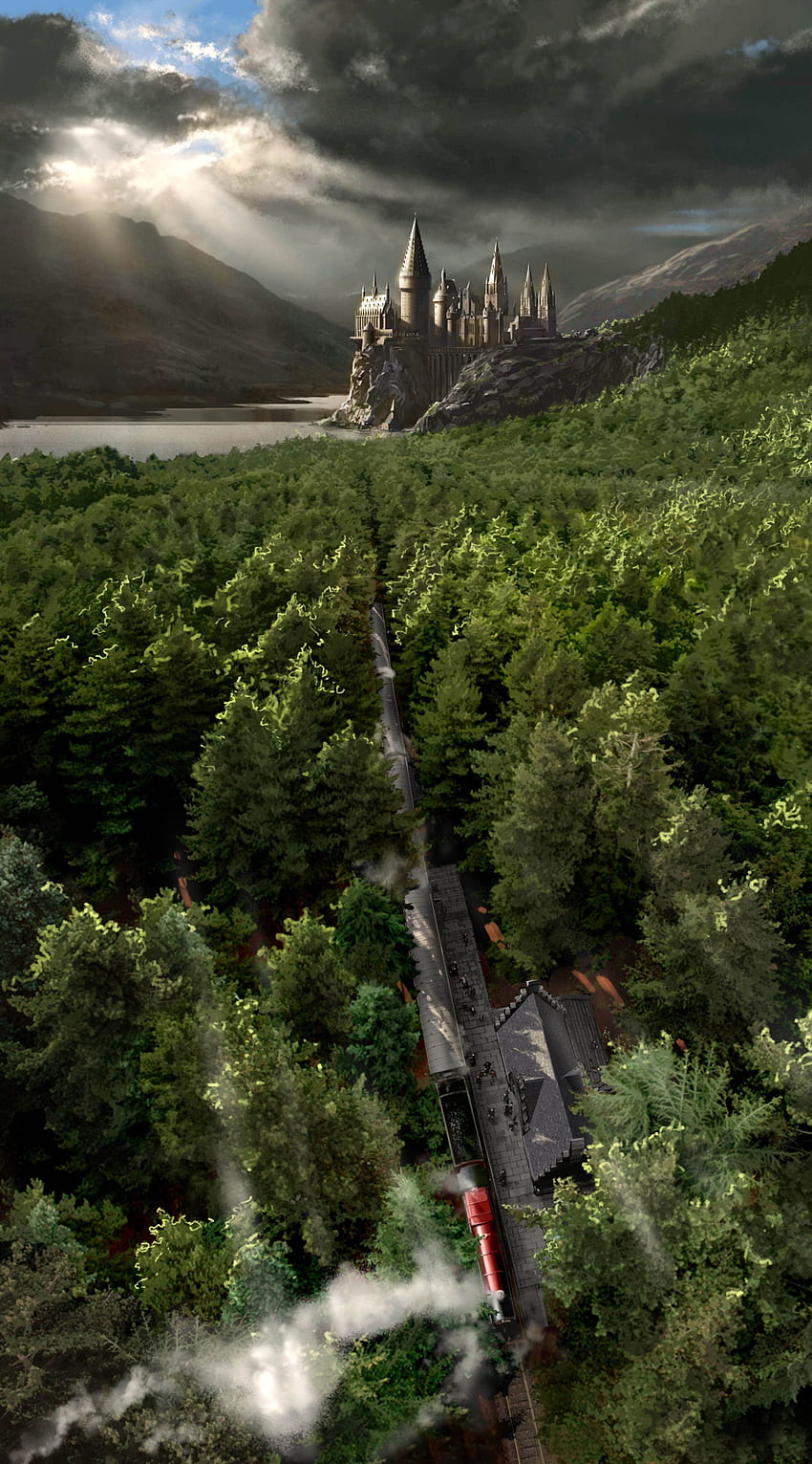 Ilustracja przedstawiająca Hogwart i Hogsmeade z Zakazanym Lasem, Wielkie Boże Narodzenie z Harrym Potterem Tapeta na telefon HD