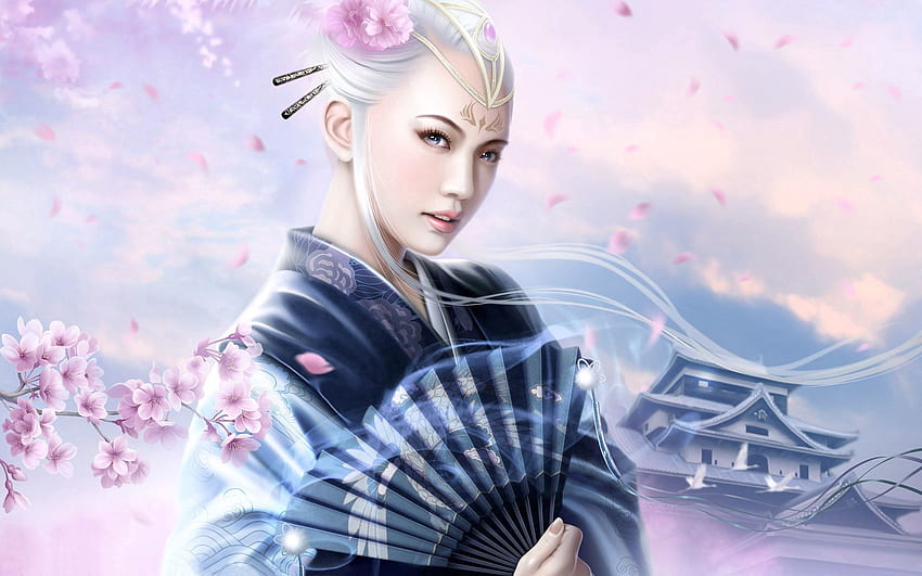 Fantasi, Sakura, Gadis, Kimono, Kipas Wallpaper HD