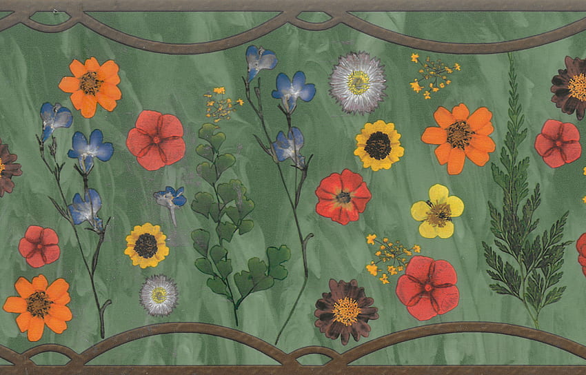 Prepasted Border - Floral Sage Green, Red, Orange, Yellow, Blue Flowers Wall Border Retro Design, 15 ft x 7 in (4.57m x 17.78cm), Sage Green Laptop HD wallpaper