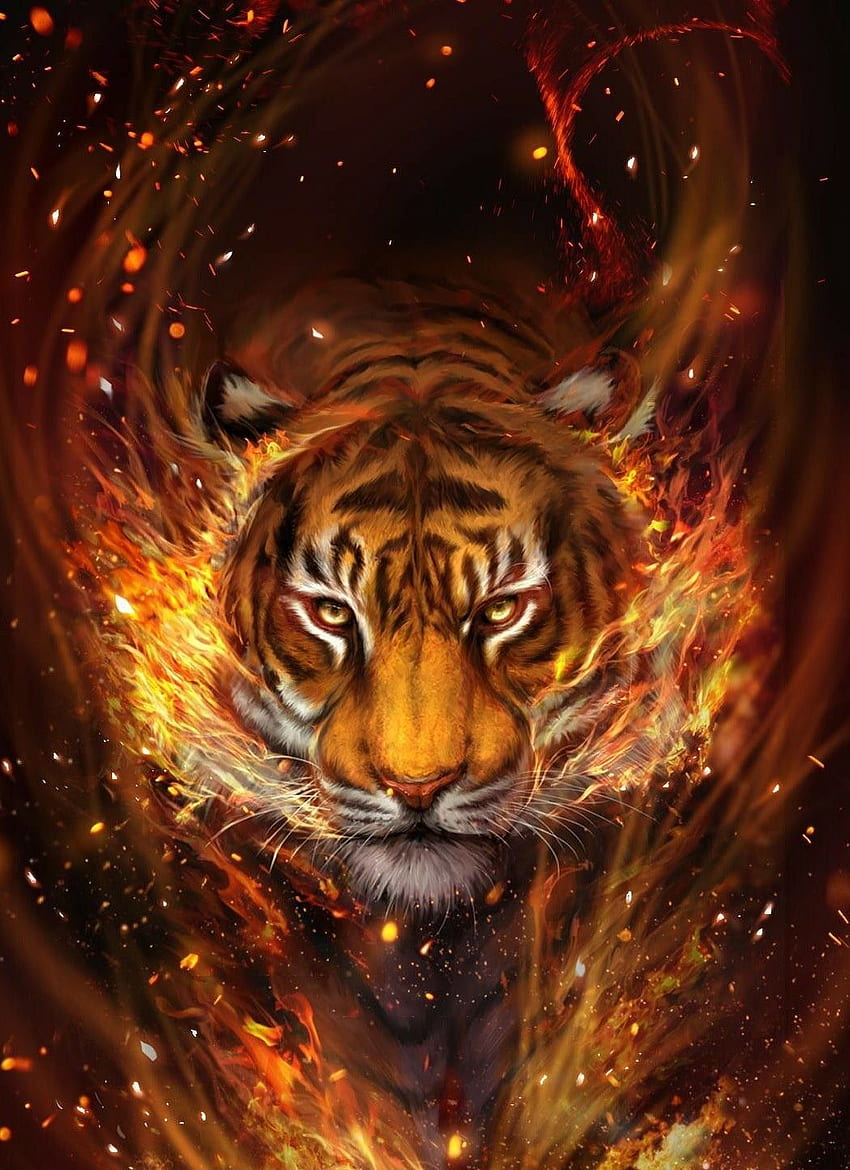 Огнен тигър. Произведения на тигър, изкуство на тигър, диво животно, артистичен тигър HD тапет за телефон