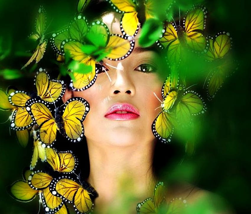 BUTTERFLY BEAUTY、蝶、黄色、顔、美しい、自然、葉、女性 高画質の壁紙