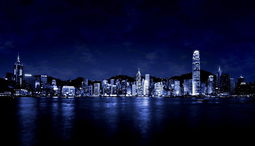 Blue City Skyline W Nocy, Hong Kong Nocny Widok Tapeta HD