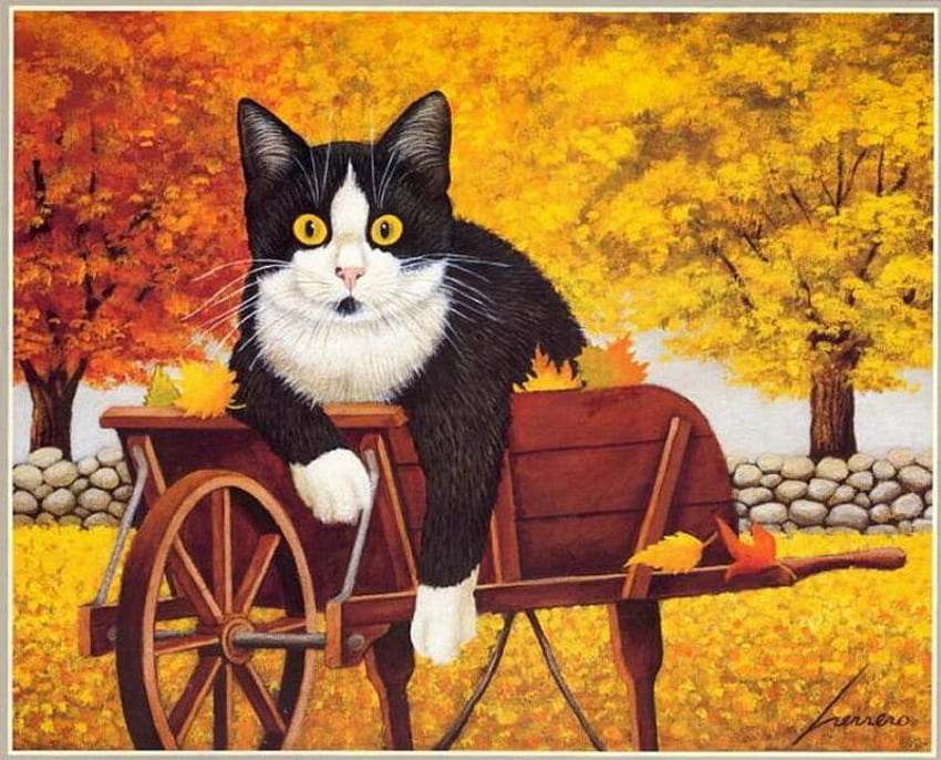 By Lowelll Herrero, animal, art, fall, cat, tree, lowell herrero, painting, kittren, calico, autumn HD wallpaper