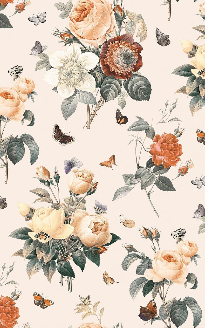 Mural de mariposa floral vintage crema y naranja. Hovia en 2021. Flores vintage, flores vintage, iPhone floral, estampado de flores vintage fondo de pantalla del teléfono