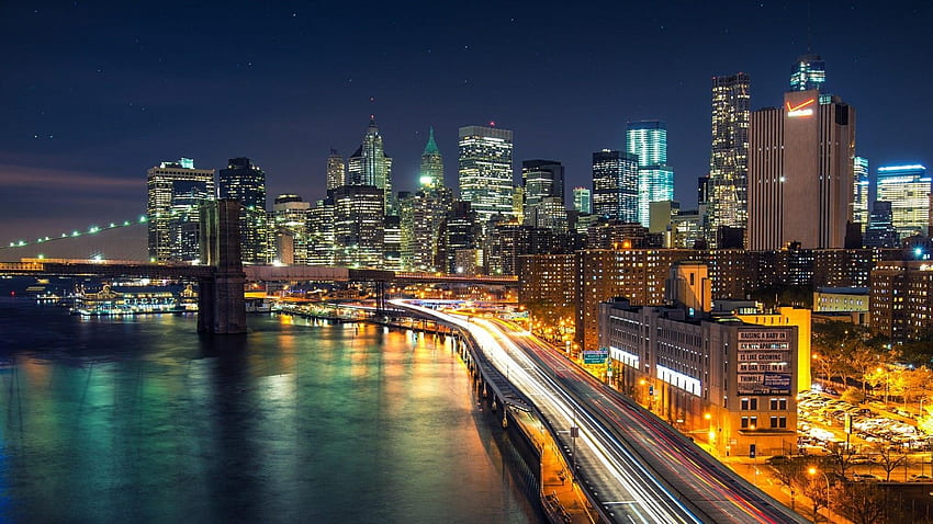 Kota New York Menyala Di Malam Hari Dari Sungai Timur Wallpaper HD