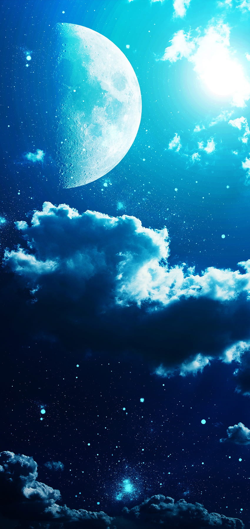 ท้องฟ้ายามค่ำคืนที่มีดวงดาวและพื้นหลังพระจันทร์เต็มดวง วอลล์เปเปอร์โทรศัพท์ HD