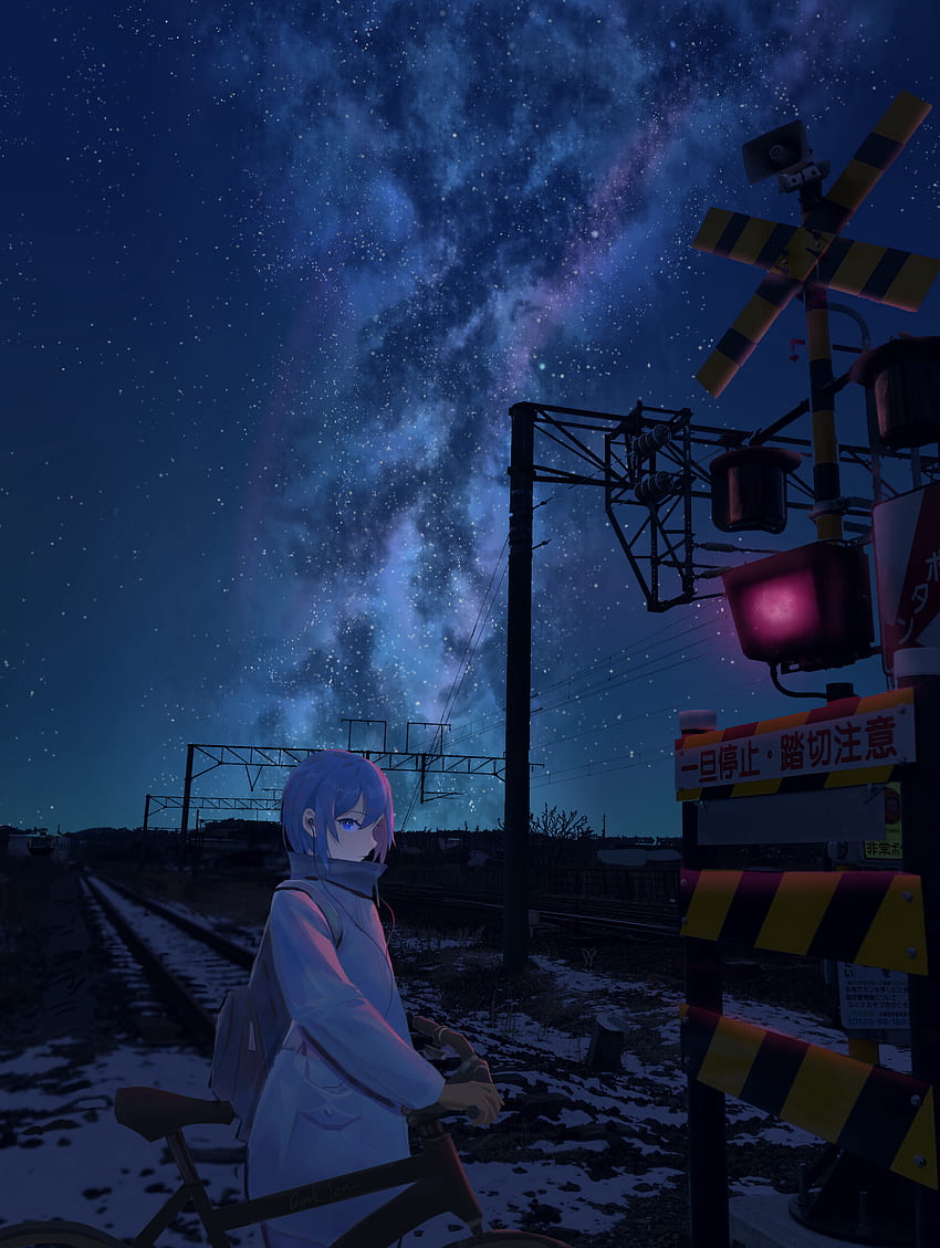 Anime, Stars, Night, Girl, Railway, Bicycle, Rails HD phone wallpaper