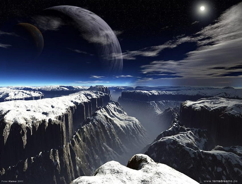 sky horizon, starts, night, divided mountains, moon HD wallpaper