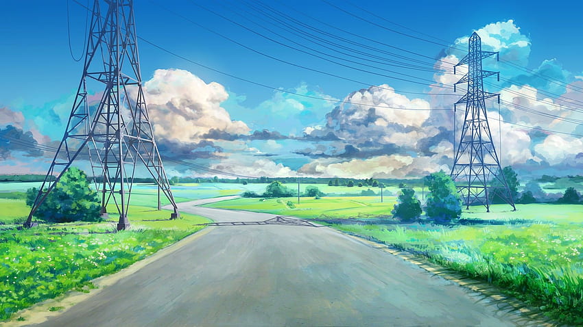 clouds, Blue, Green, ArseniXC, Anime, Landscape, Road, Power Lines, Everlasting Summer, Utility Pole, Visual Novel / and Mobile Background, Anime Summer Scenery HD wallpaper