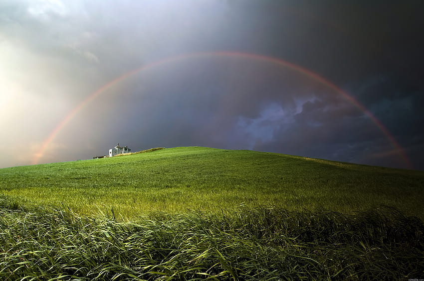 Nature, Rainbow, Building, Field, Construction, Mainly Cloudy, Overcast, Hill, Meadow HD wallpaper