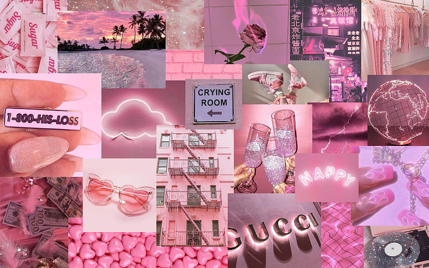 Collage estético rosa. Portátil rosa, lindo, bonito iphone, portátil Collage rosa fondo de pantalla