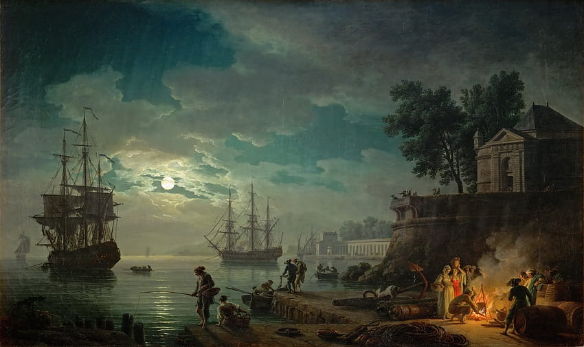 pintura obra de arte, mar, lua, homens, barcos, casa, mulheres, veleiros papel de parede HD
