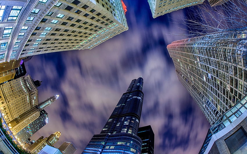 the trump tower at low angle in fisheye r, night, low angle, skyscrapers, city, sky, r, fisheye HD wallpaper