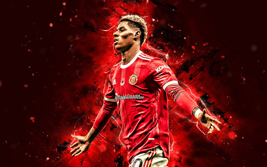 Marcus Rashford, , 2021, Manchester United FC, english footballers, red neon lights, Premier League, soccer, Marcus Rashford , football, Man United, Marcus Rashford Manchester United HD wallpaper