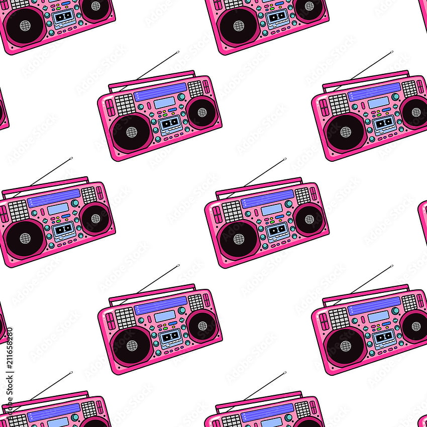 Retro boombox, tape or cassette recorder, radio seamless pattern. Vector illustration. Fun disco 80's style design. White background. Stock Vector, Tape Recorder HD phone wallpaper