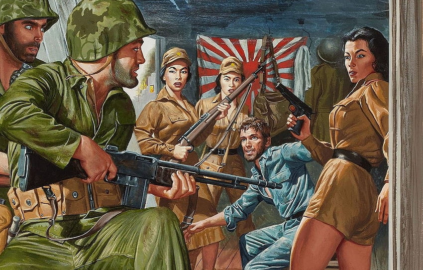 weapons, girls, figure, flag, art, release, prisoner, Japanese Soldier HD wallpaper