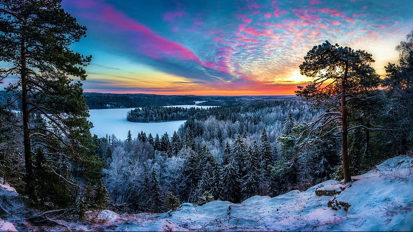 Kışın nehir, Finlandiya, gökyüzü, gün batımı, kar, manzara, renkler, ağaçlar HD duvar kağıdı