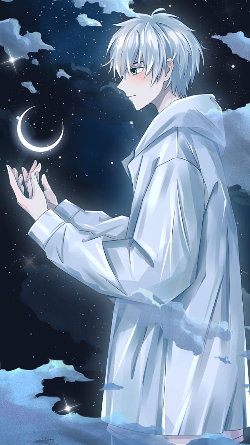 Chłopiec z anime, półksiężyc, blask, księżyc Tapeta na telefon HD