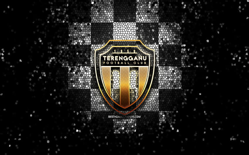 Terengganu FC, logo gemerlap, Liga Super Malaysia, latar belakang kotak-kotak hitam putih, sepak bola, klub sepak bola Malaysia, logo Terengganu FC, seni mosaik, sepak bola, FC Terengganu Wallpaper HD