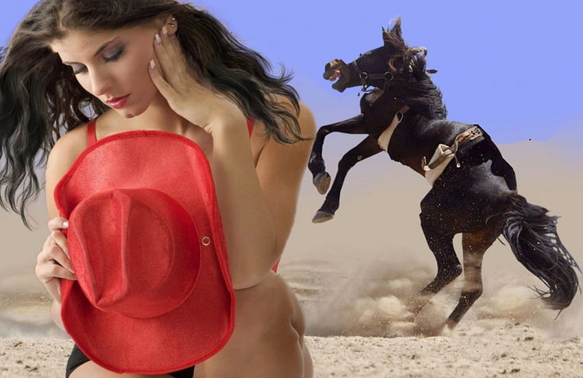 WAITING FOR MY COWBOY, HORSE, HAT, COWGIRL, FEMALE, SAND, RED HD wallpaper