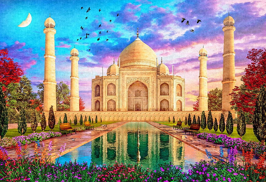 Taj Mahal, opera d'arte, digitale, riflesso, india, costruzione, acqua Sfondo HD