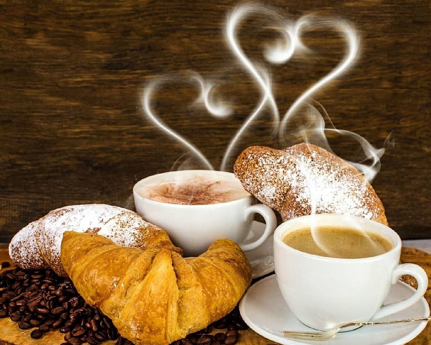 Hearts, cups, still life, coffee, bakery, breakfeast HD wallpaper
