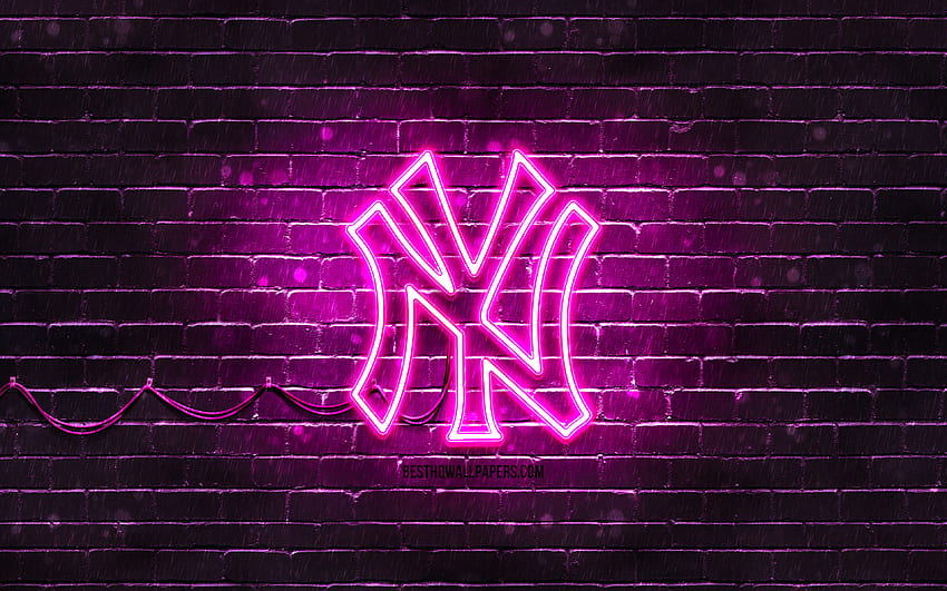 Logo viola dei New York Yankees, muro di mattoni viola, logo dei New York Yankees, squadra di baseball americana, logo al neon dei New York Yankees, NY Yankees, New York Yankees Sfondo HD