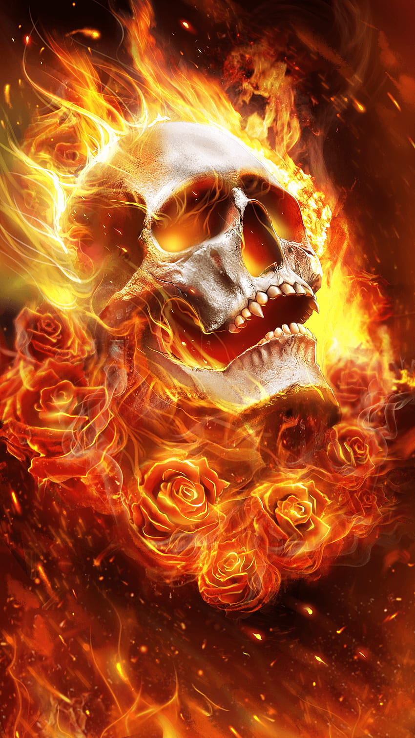 Flammender Schädel -, Flammender Schädelhintergrund auf Fledermaus, Feuerskelett HD-Handy-Hintergrundbild