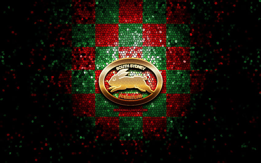 South Sydney Rabbitohs, glitter logo, NRL, red green checkered background, rugby, australian rugby club, South Sydney Rabbitohs logo, mosaic art, National Rugby League HD wallpaper