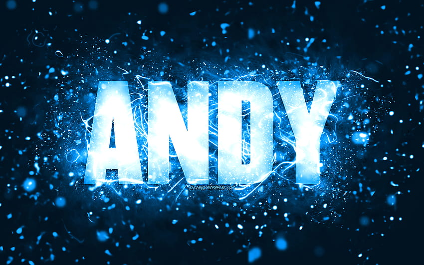 Happy Birtay Andy, , blue neon lights, Andy name, creative, Andy Happy Birtay, Andy Birtay, popular american male names, with Andy name, Andy HD wallpaper