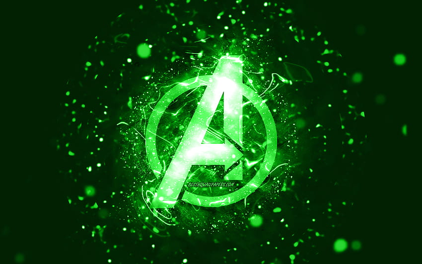 アベンジャーズの緑のロゴ、緑のネオン、クリエイティブ、緑の抽象的な背景、アベンジャーズのロゴ、スーパーヒーロー、アベンジャーズ 高画質の壁紙