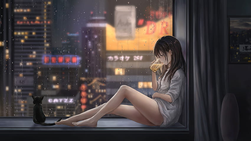 Anime Girl Cat Raining、アニメ、、、背景、および、Anime Rainy City 高画質の壁紙