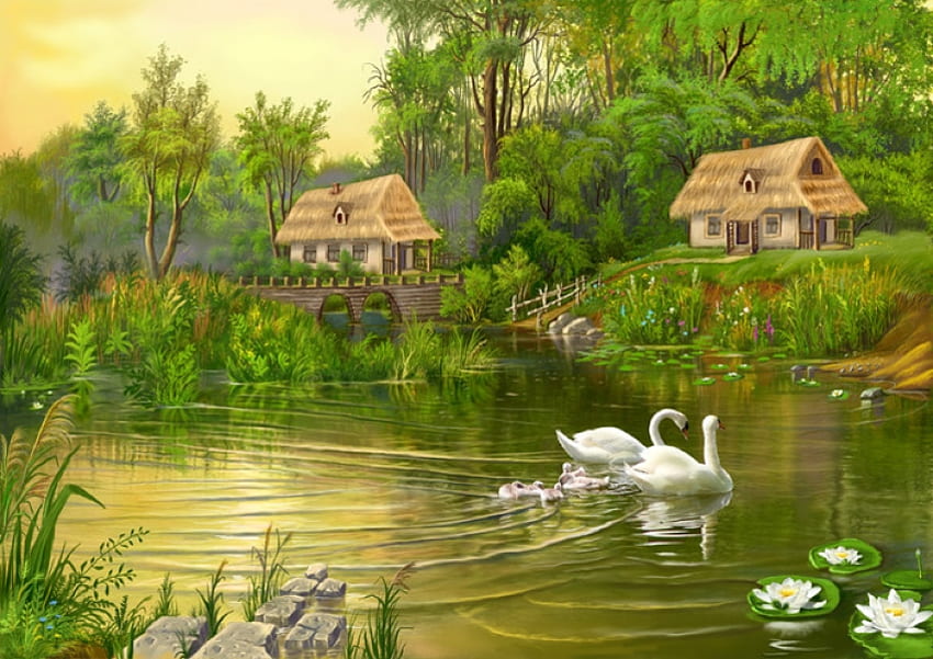 Paradise, river, duck, painting, art, nature, cottage, tree HD wallpaper