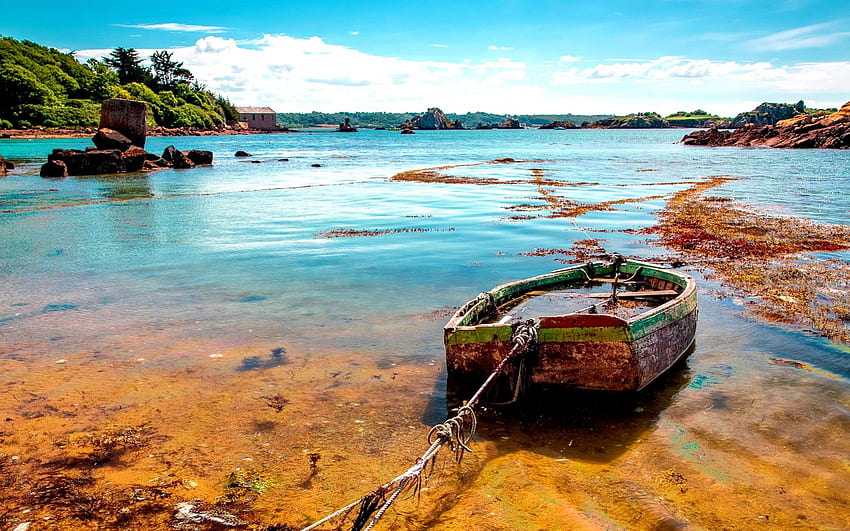 UN VIEUX BATEAU, bateau, rivage, abandonné, attaché, lac Fond d'écran HD