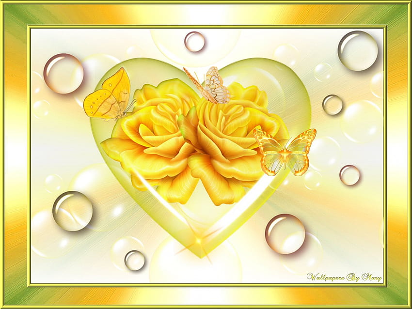 Żółte wiosenne róże 1600x1200, róże, żółte róże, kule, serca, kwiaty, motyle Tapeta HD