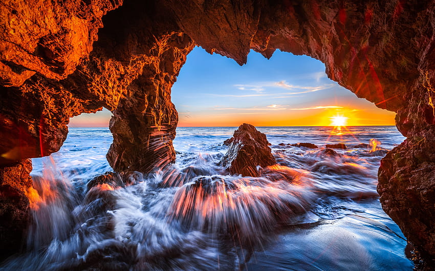 말리부 바다 동굴 일몰, 일몰, 바위, 바다, 캘리포니아 HD 월페이퍼