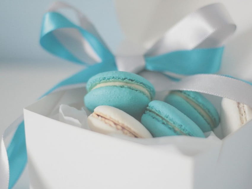 Baby-Blue Macaroons, blue, sweet, phtotography, white, gentle, ribbon, dessert, food HD wallpaper