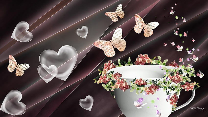 Cup of Flowers, Schmetterlinge, abstrakt, Herzen, Blumen, Teetasse, Valentinstag HD-Hintergrundbild
