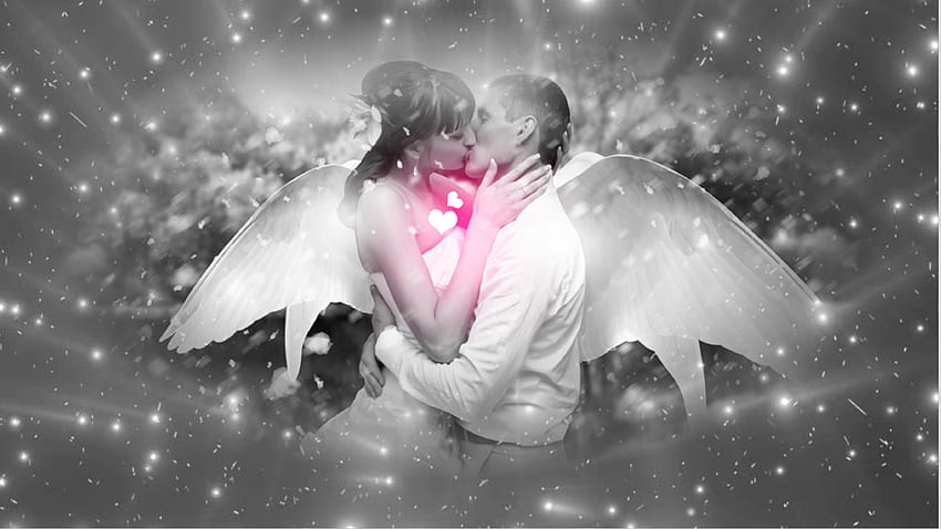 Heavenly Kiss, wings, black and white, kiss, stars, lovers HD wallpaper