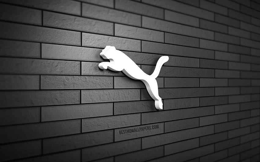 Logotipo de Puma en 3D, pared de ladrillo gris, creativo, marcas, logotipo de Puma, arte en 3D, Puma fondo de pantalla