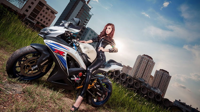 Jumpsuit asian latex Suzuki motorcycle . HD wallpaper