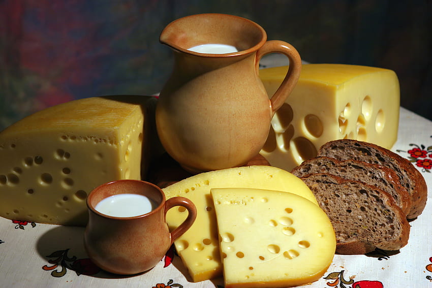 *** Cheese morning ***, milk, jug, breakfast, bread, cup, cheese, food HD wallpaper