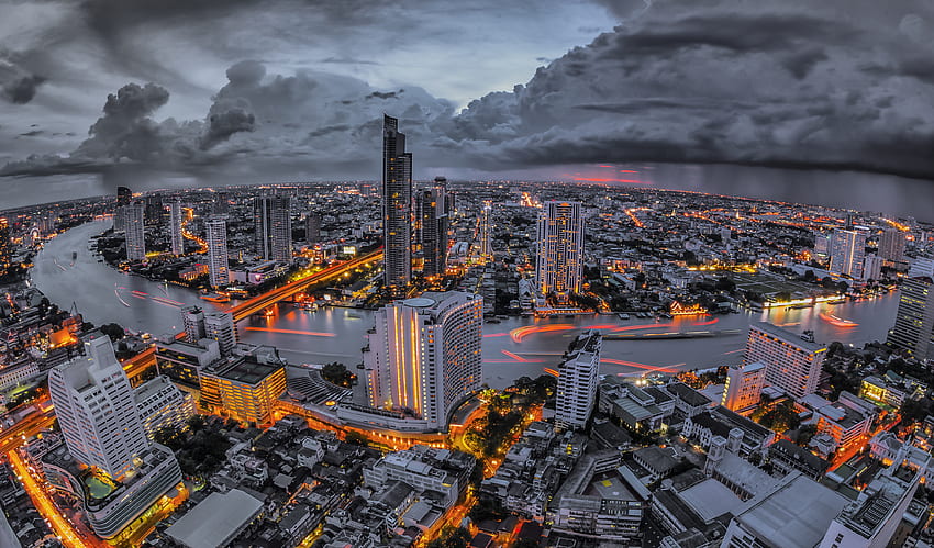 Miasta, widok z góry, miasto nocą, drapacze chmur, Megapolis, Megalopolis, Bangkok Tapeta HD
