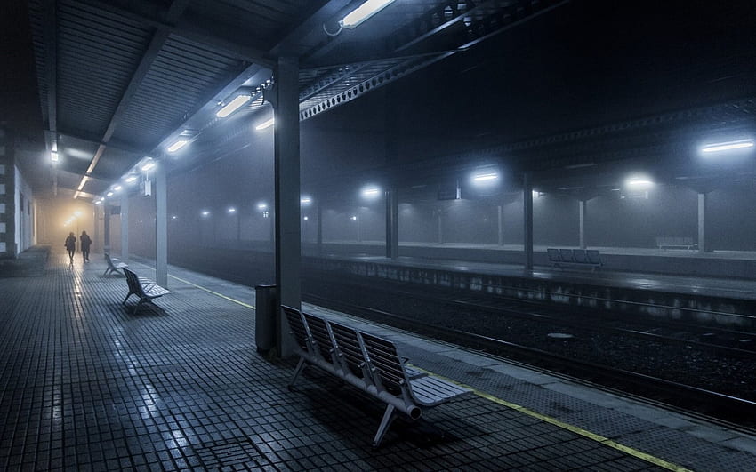 Spain Railway Station, fog, nighttime, station, seats, railway HD wallpaper