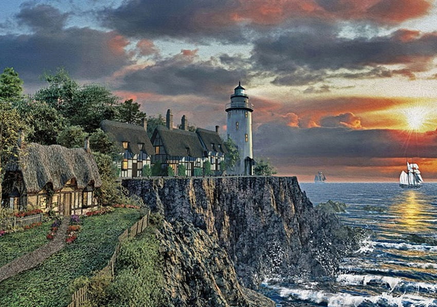 Spivy Point Lighthouse F2, faro, arte, paesaggio, opera d'arte, scenario, schermo panoramico, Spivy Point, pittura, paesaggio marino Sfondo HD