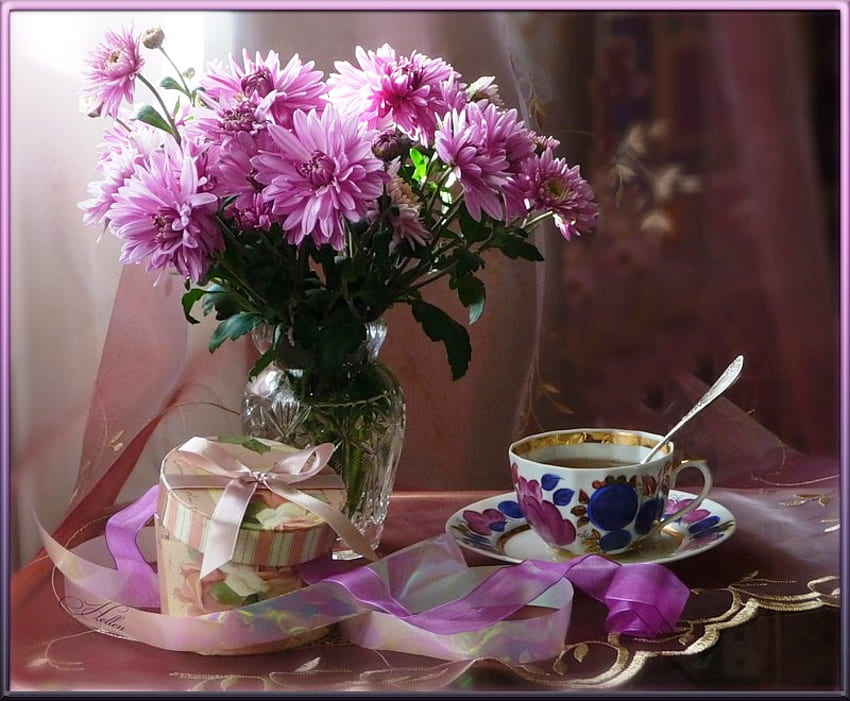 Bodegón, color, té, hora del té, belleza, púrpura, otoño, naturaleza, flores, crisantemo fondo de pantalla